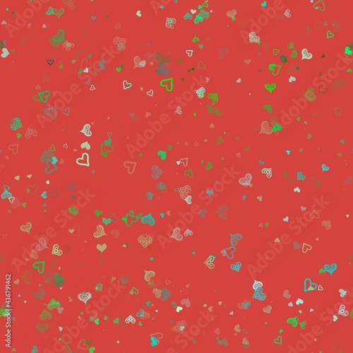 Seamless pattern of abstract decorative hearts of green shades on a red background for textiles.