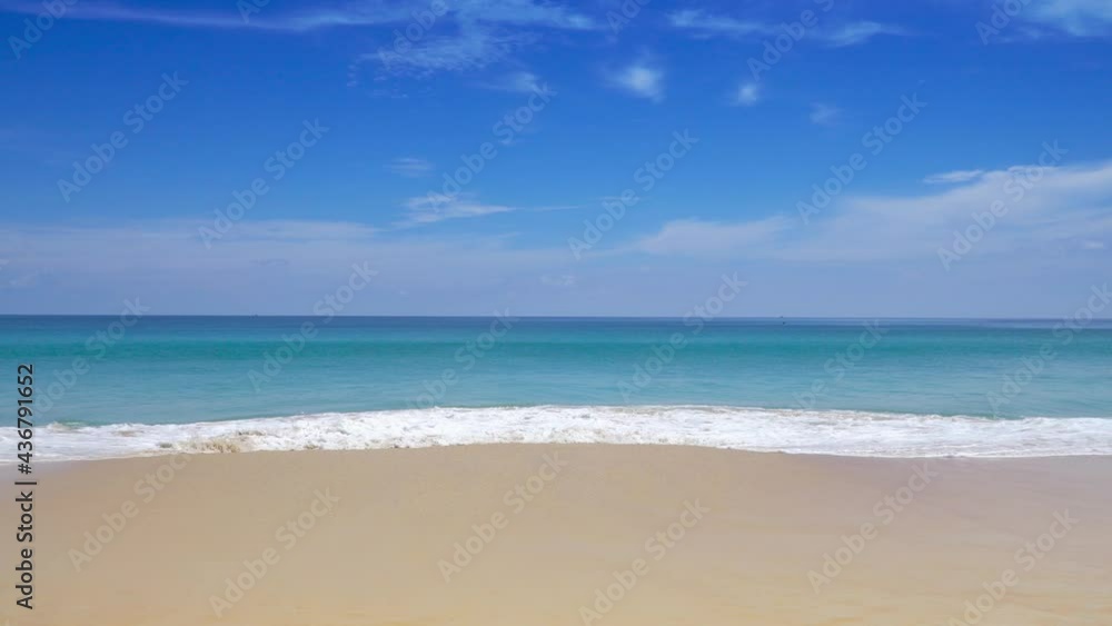 Phuket beach sea sand and sky. Beautiful Landscape view of beach sea in summer day. Beach sand space area. At Karon Beach, Phuket, Thailand. On 15 June 2021. 4K UHD. Phuket beach sea sand and sky. Beautiful Landscape view of beach sea in summer day. Beach sand space area. At Karon Beach, Phuket, Thailand. On 15 June 2021. 4K UHD.