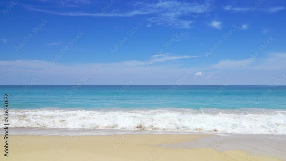 Phuket beach sea sand and sky. Beautiful Landscape view of beach sea in summer day. Beach sand space area. At Karon Beach, Phuket, Thailand. On 15 June 2021. 4K UHD. Phuket beach sea sand and sky. Beautiful Landscape view of beach sea in summer day. Beach sand space area. At Karon Beach, Phuket, Thailand. On 15 June 2021. 4K UHD.
