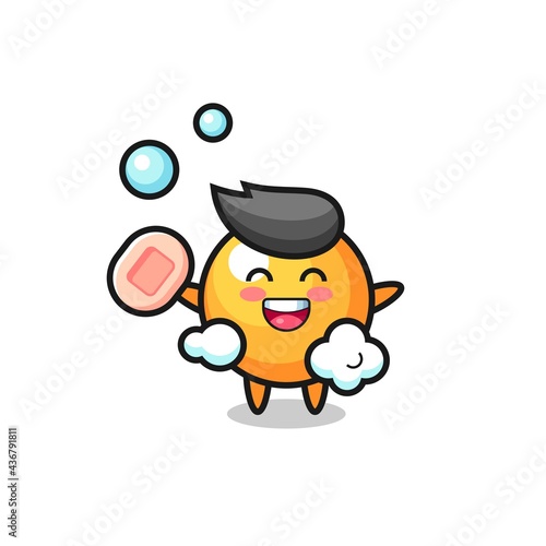 ping pong ball character is bathing while holding soap