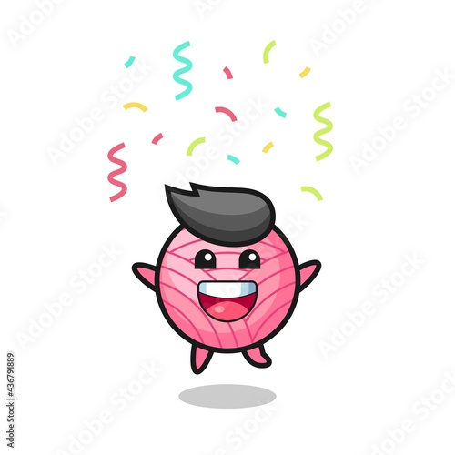 happy yarn ball mascot jumping for congratulation with colour confetti