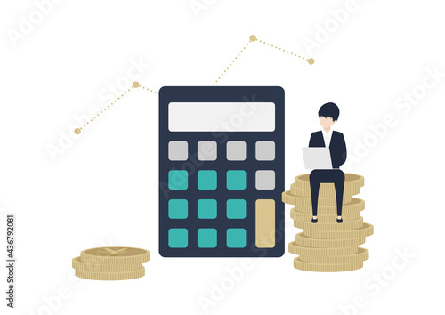 お金と計算機と男性のイラスト素材