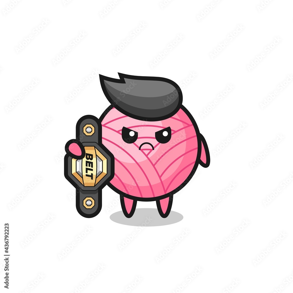 yarn ball mascot character as a MMA fighter with the champion belt