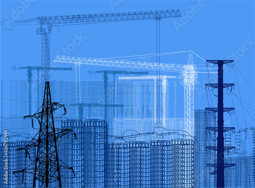 dark outlines of cranes and electric line on blue