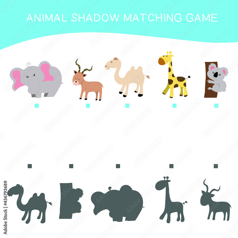 Fototapeta premium Matching game for Preschool Children. This worksheet is suitable for educating the early age children to match the image with the shadow. Educational printable worksheet. Vector illustration.