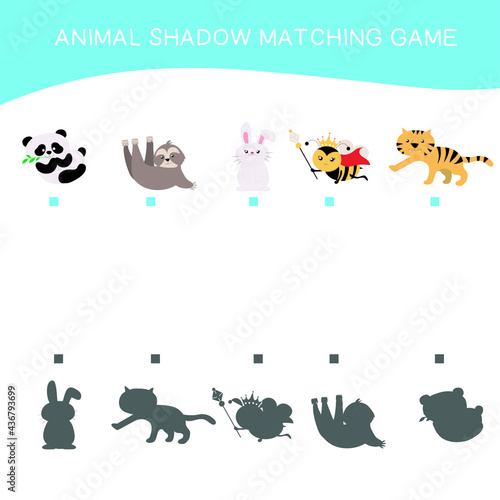 Fototapeta Naklejka Na Ścianę i Meble -  Matching game for Preschool Children. This worksheet is suitable for educating the early age children to match the image with the shadow. Educational printable worksheet. Vector illustration.