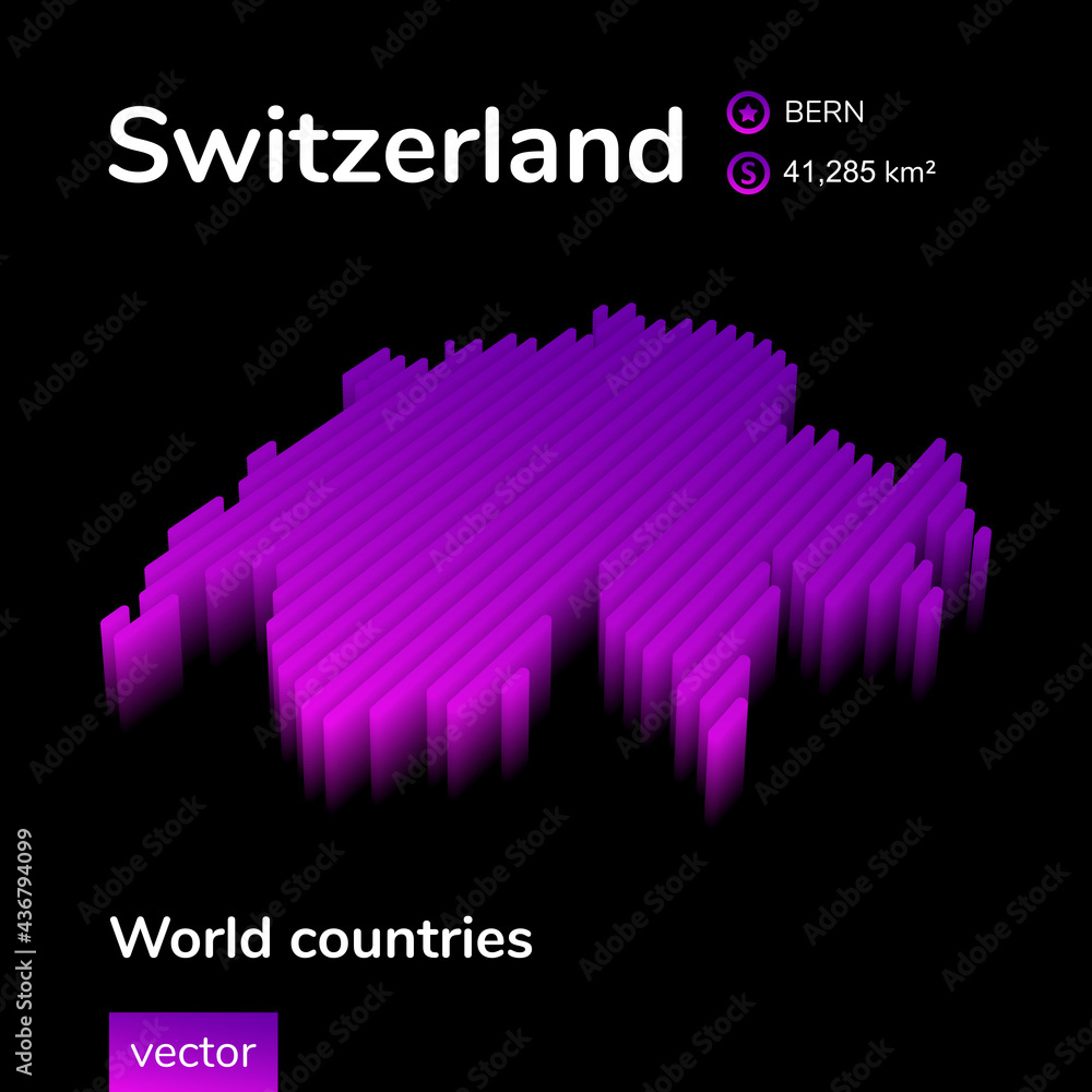 Stylized neon digital isometric striped vector Switzerland map with 3d effect. Map of Switzerland is in violet  and pink colors on the black background. 