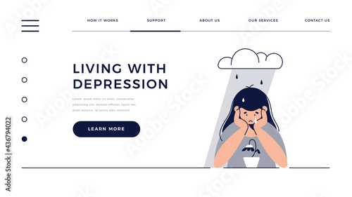 Depression, sadness, mental illness web template. Sad, unhappy teenage girl sits under rain cloud, feels sad, grievs. Mental disorder, sorrow, depression concept for homepage. Flat vector illustration