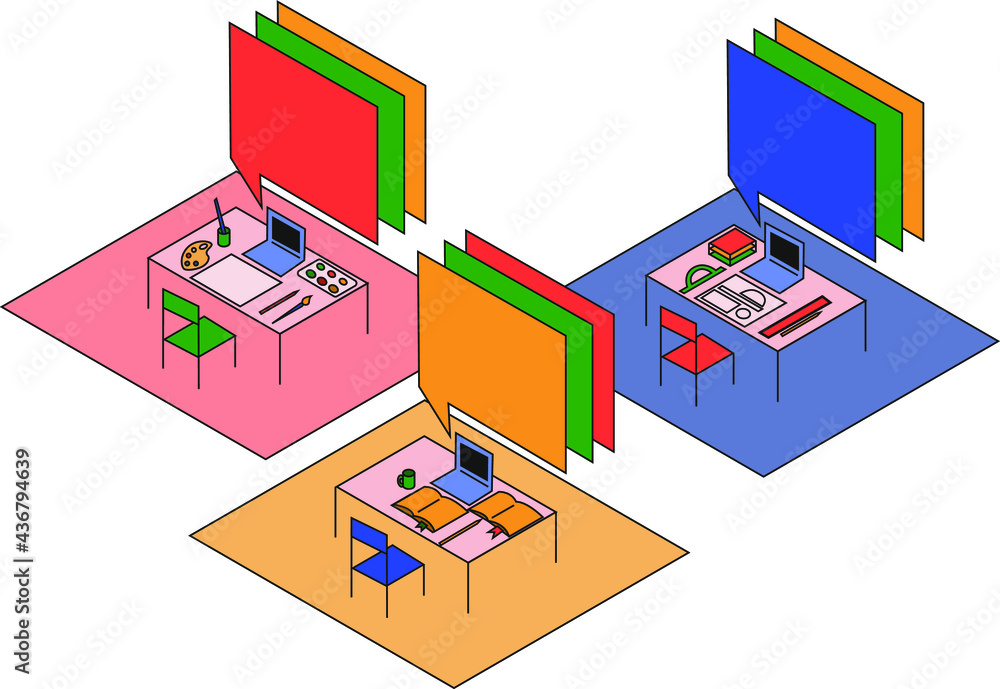 Back to school concept. School class. Working areas for students of different fields of study. Distance learning. Vector illustration in isometry. Back to school concept. School class. Working areas for students of different fields of study. Distance learning. Vector illustration in isometry.