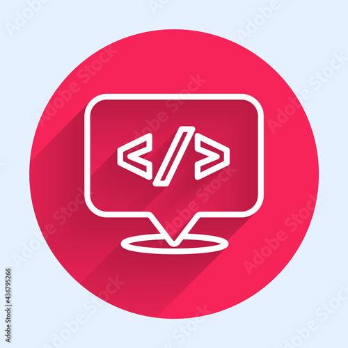 White line Web design and front end development icon isolated with long shadow. Red circle button. Vector