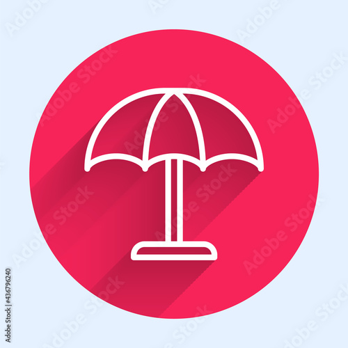 White line Sun protective umbrella for beach icon isolated with long shadow. Large parasol for outdoor space. Beach umbrella. Red circle button. Vector