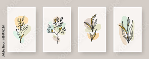 Set of wall art poster. Abstract shape and line art plant with glitter gold, Boho style botanical design for cover, print, poster, wall decoration. Vector floral design.