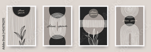 Set of wall art minimal poster. Scandinavian style hand drawn wall art decor. Design with abstract shape, lines and plant. Can be used for cover, print, poster, wall decoration. Vector illustration.