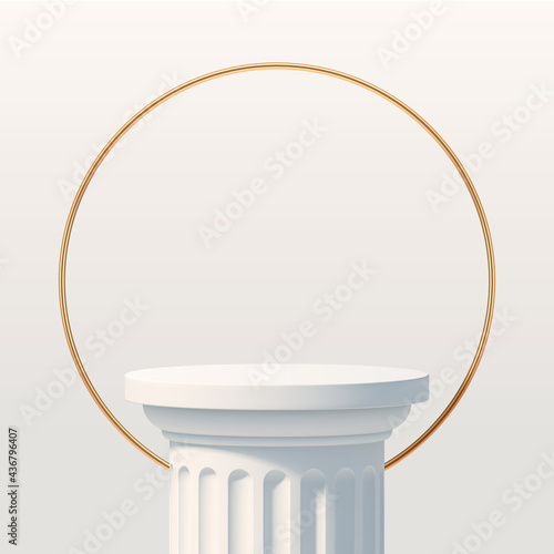 White podium like a classic column for product presentation. Podium stage with golden ring. Minimal scene with podium, Vector illustration.