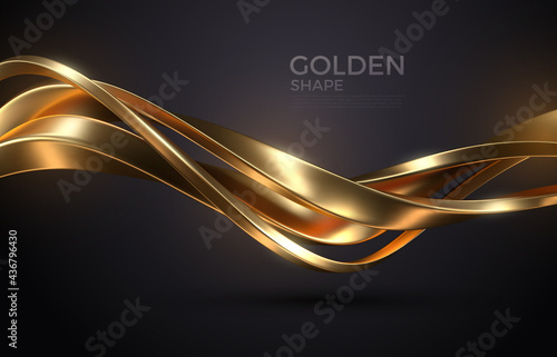 Abstract background with realistic golden metal shape. Fluid golden wave. Intertwined gold shapes. Vector 3d luxurious illustration.