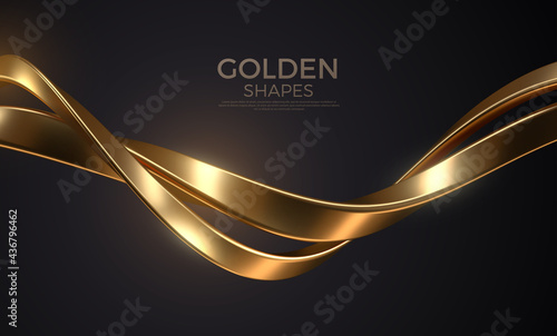Abstract background with realistic golden metal shape. Fluid golden wave. Intertwined gold shapes. Vector 3d luxurious illustration.
