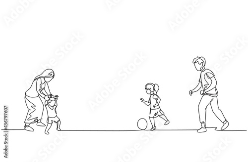 One single line drawing of young father playing soccer with daughter while mother teaching son to walk at field vector illustration. Happy family parenting concept. Modern continuous line draw design