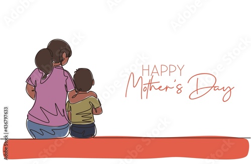 One continuous line drawing of young mother siting with his son telling good story. Happy mother's day concept. Greeting card with typography. Dynamic single line draw design vector illustration