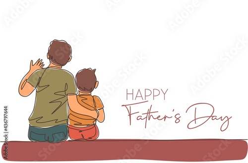 One single line drawing of young dad siting with his son talking future ambition vector illustration. Happy father's day concept. Greeting card with typography. Modern continuous line draw design