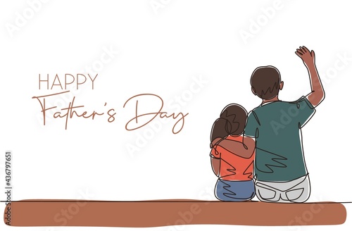 One continuous line drawing of young father siting next to daughter and talking funny story. Happy father's day concept. Greeting card with typography. Single line draw design vector illustration