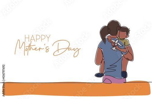 One single line drawing of young mom carrying his sleepy son go to bedroom vector illustration. Happy mother's day concept. Greeting card with typography. Modern continuous line draw design