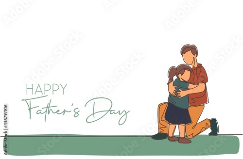 One continuous line drawing of young dad hugging his daughter before go to school. Happy father's day concept. Greeting card with typography. Dynamic single line draw design vector illustration