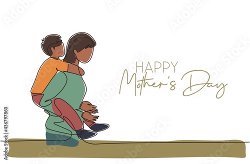 One continuous line drawing of young mother walking to bedroom carrying her son. Happy mother's day concept. Greeting card with typography. Dynamic single line draw design vector illustration