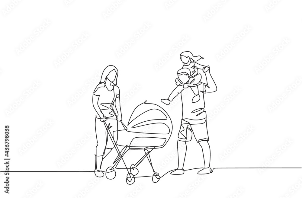 One continuous line drawing of young mother pushing baby stroller at park while father carrying his son on shoulder. Happy family parenting concept. Dynamic single line draw design vector illustration