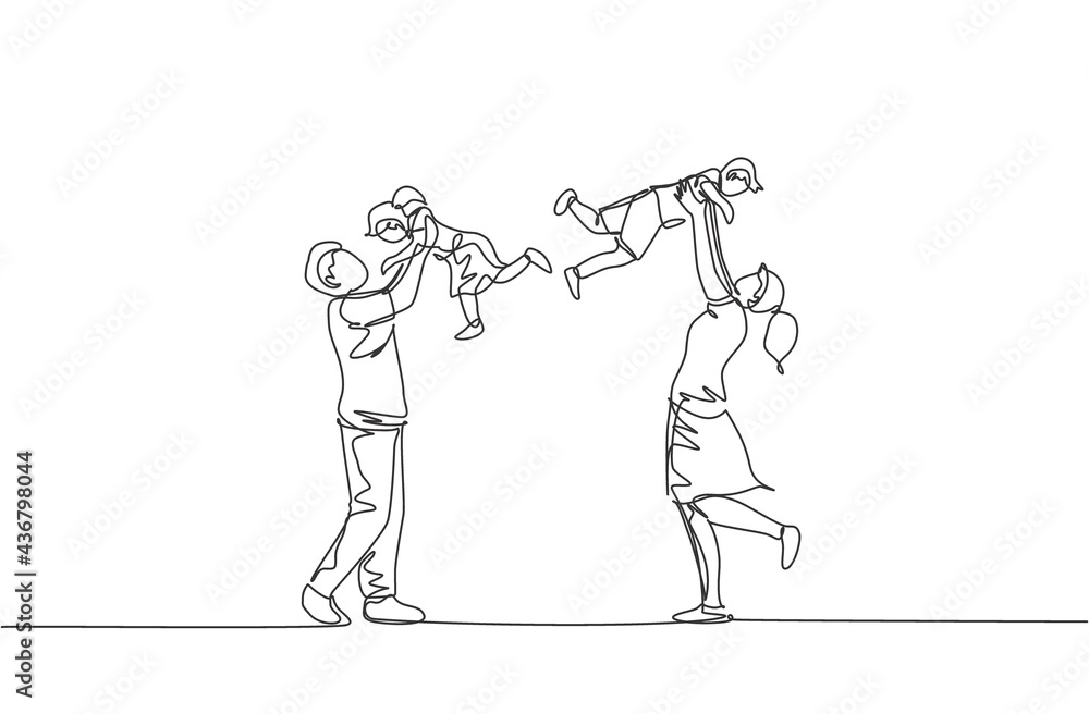 One single line drawing of young mother and father raising their son and daughter up in the air at home vector illustration. Happy family parenting concept. Modern continuous line draw design One single line drawing of young mother and father raising their son and daughter up in the air at home vector illustration. Happy family parenting concept. Modern continuous line draw design