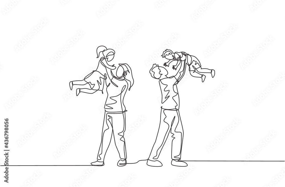 One single line drawing of young mother and father raising their son and daughter up in the air at home vector illustration. Happy family parenting concept. Modern continuous line draw design One single line drawing of young mother and father raising their son and daughter up in the air at home vector illustration. Happy family parenting concept. Modern continuous line draw design