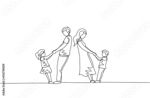 Single continuous line drawing of young mother and daughter holding their son and daughter hand while dancing together at home. Happy family parenting concept. One line draw design vector illustration