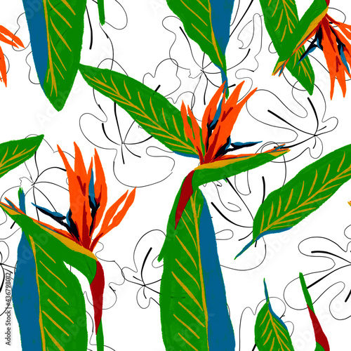 watercolor tropical floral seamless pattern with strelitzia bird of paradise and palm leaves, textile composition, hand drawn style, fashion runway color pallet 