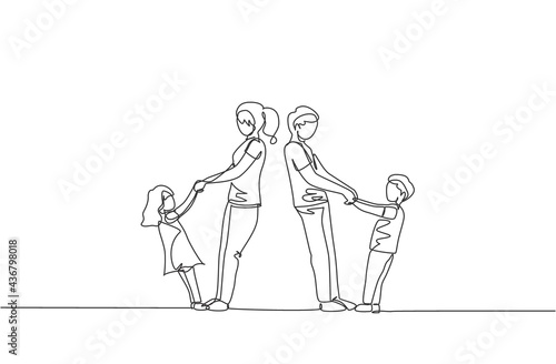 One single line drawing of young mom and dad holding their son and daughter hand while dancing together at home vector illustration. Happy family parenting concept. Modern continuous line draw design