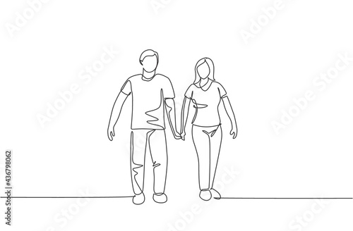 One single line drawing of young couple wife and husband walking together while holding hand at park vector illustration. Happy family parenting concept. Modern continuous line draw design