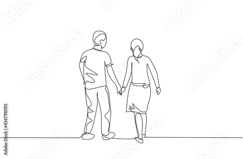 Single continuous line drawing of young couple wife and husband walking together and holding hand, back view. Happy family parenting concept. Trendy one line draw design vector illustration