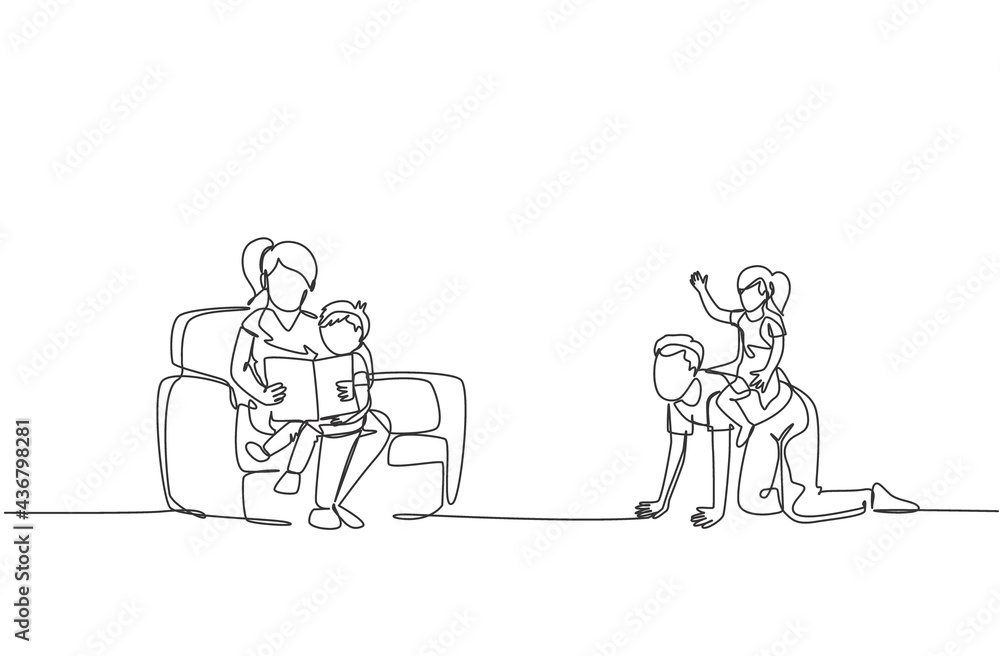 One continuous line drawing of young play with daughter while mother sitting on sofa and reading book to son. Happy family parenting concept. Dynamic single line draw design vector illustration One continuous line drawing of young play with daughter while mother sitting on sofa and reading book to son. Happy family parenting concept. Dynamic single line draw design vector illustration