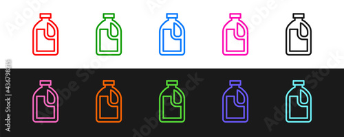 Set line Plastic bottle for laundry detergent, bleach, dishwashing liquid or another cleaning agent icon isolated on black and white background. Vector