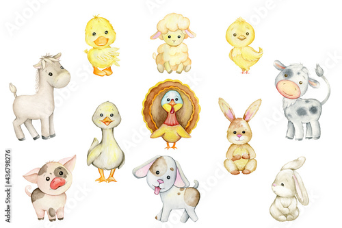 Farm animals, in cartoon style, on an isolated background. Watercolor set of cute animals, horse, turkey, sheep, chicken, goose, bull, rabbit, pig, dog, duck.