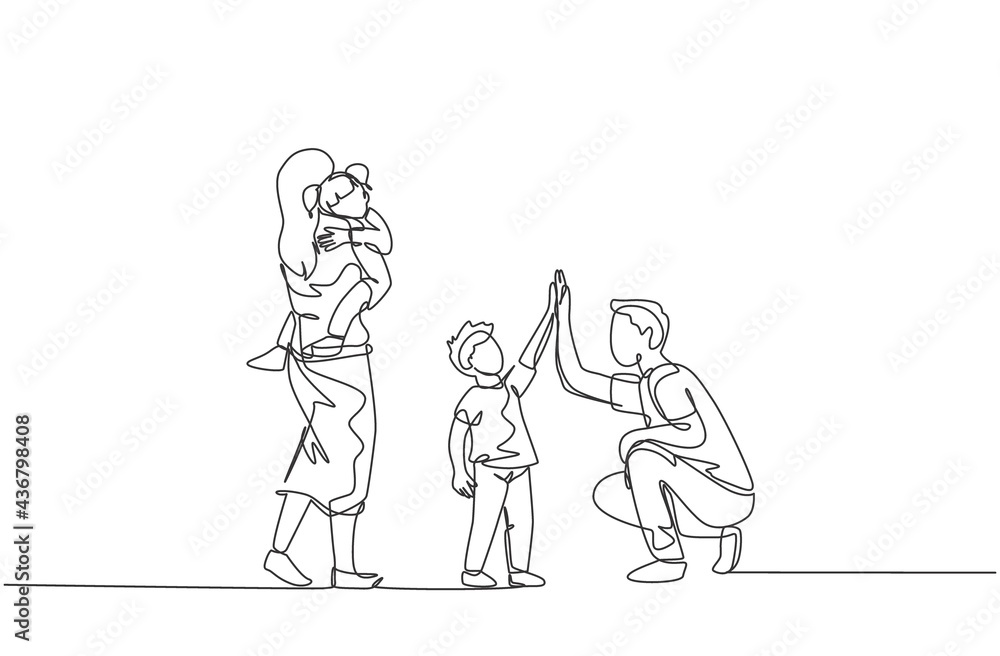 One single line drawing of young father giving high five to his son while mother carrying sleepy daughter vector illustration. Happy family parenting concept. Modern continuous line draw design