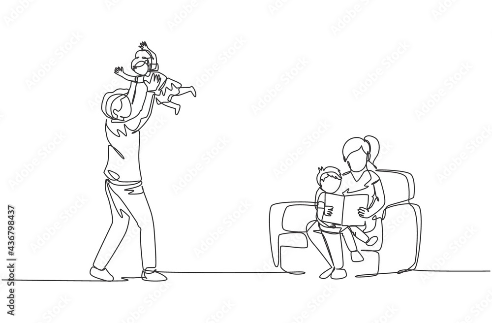 Single continuous line drawing of young mother sitting on sofa and reading book to son while father play with daughter at home. Happy family parenting concept. One line draw design vector illustration Single continuous line drawing of young mother sitting on sofa and reading book to son while father play with daughter at home. Happy family parenting concept. One line draw design vector illustration