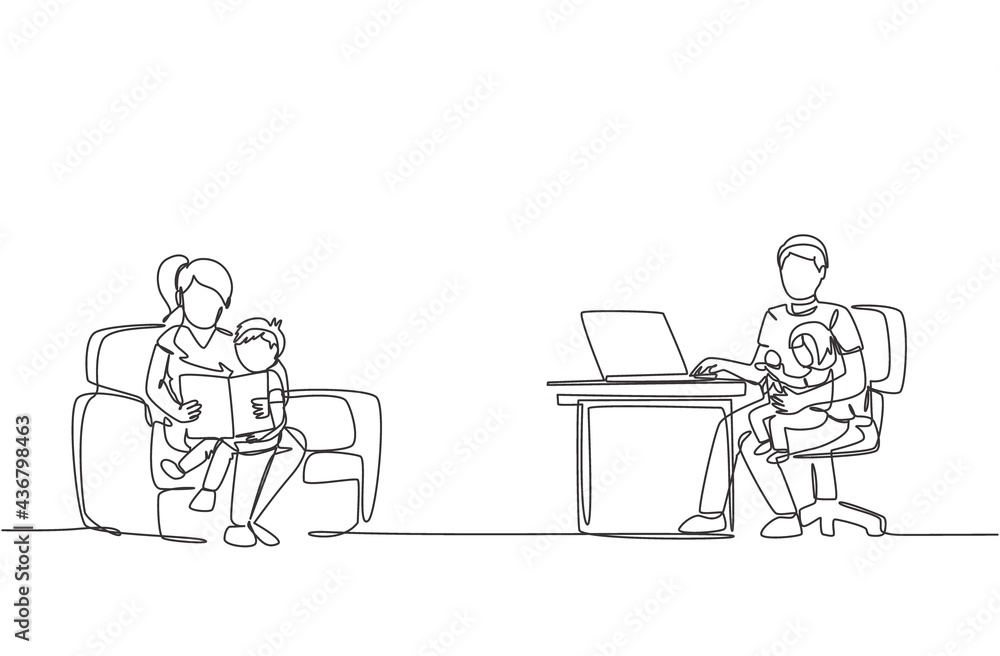 One single line drawing of young mom reading book to son and dad sitting on sofa and typing on laptop at home vector illustration. Happy family parenting concept. Modern continuous line draw design