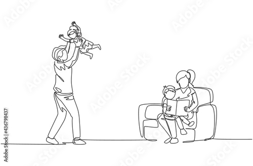 Single continuous line drawing of young mother sitting on sofa and reading book to son while father play with daughter at home. Happy family parenting concept. One line draw design vector illustration