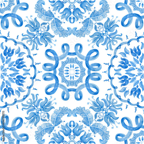 Watercolor painted indigo blue damask seamless pattern on a white background.Spanish tile with hand drawn Baroque and floral ornaments in Mediterranean majolica ceramic painting style. Batik wallpaper