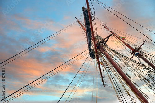 Mast and rigging on board of the tall ship