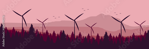 windmill turbines in mountain landscape flat design vector wallpaper