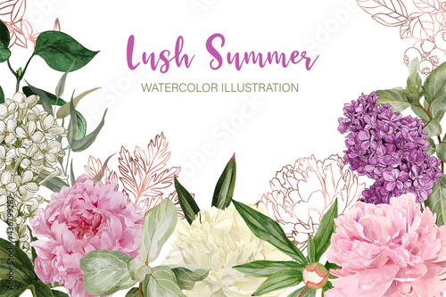 Lush peonies, flowers and rose gold floral elemets