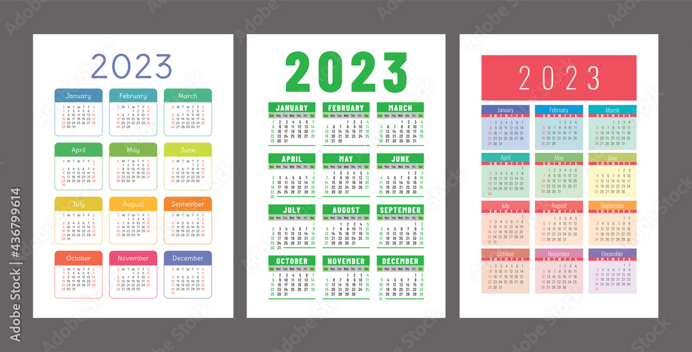 Pocket calendar 2023. Portrait orientation. English colorful vector set