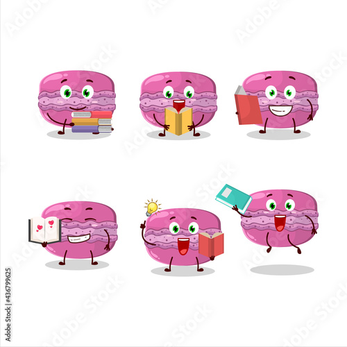A picture of strawberry macaron cartoon character concept reading an amusing book