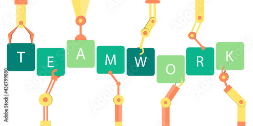 Robot hads holding word teamwork cartoon vector. Teamwork concept.