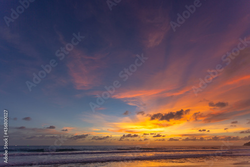 Majestic sunset or sunrise landscape Amazing light of nature cloudscape sky and Clouds moving away rolling .Beautiful Phuket beach is a famous tourist destination in Andaman sea summer.  © Narong Niemhom